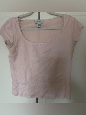 Just Play Pale Pink Scoop Neck Crop Top with Lace Trim